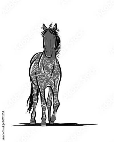 Horse sketch with floral ornament for your design. Symbol of