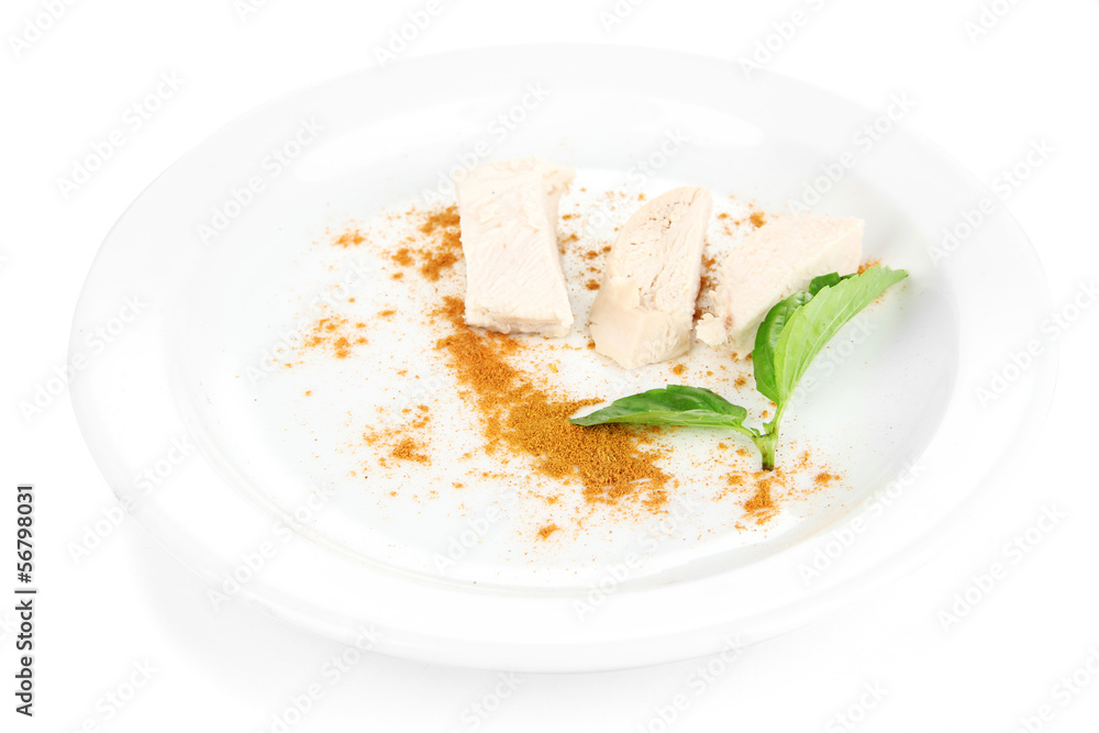 Boiled chicken meat with paprika and sauce, isolated on white Boiled chicken meat with paprika and sauce, isolated on white