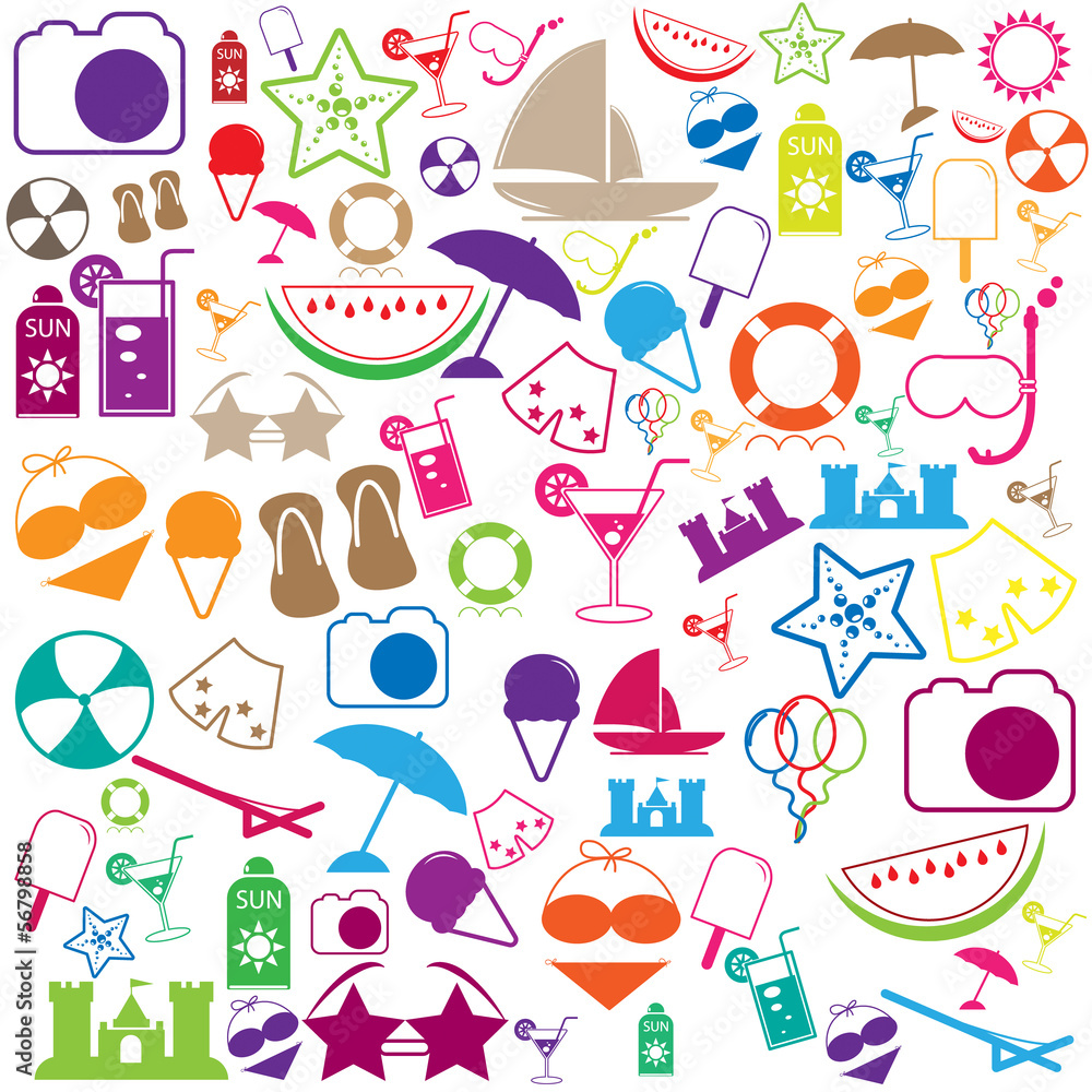 Summer Icons with White Background - vector silhouette illustrat