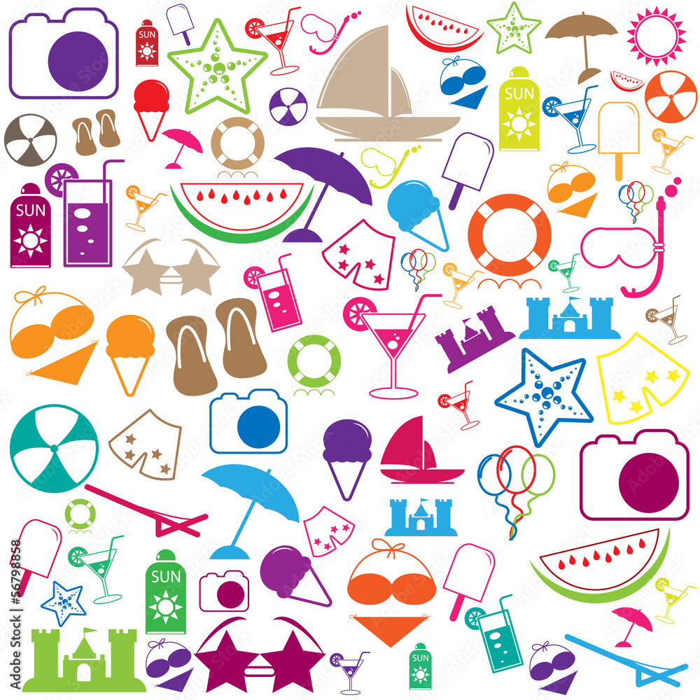 Summer Icons with White Background - vector silhouette illustrat Summer Icons with White Background - vector silhouette illustrat