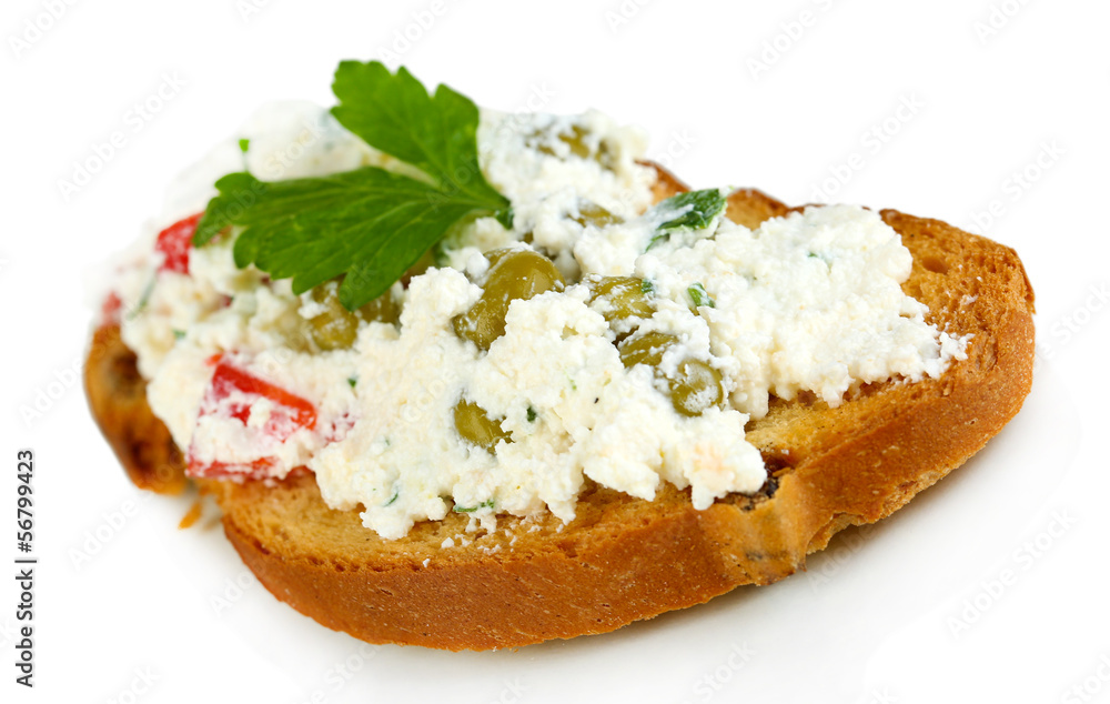 Sandwich with cottage cheese and greens isolated on white