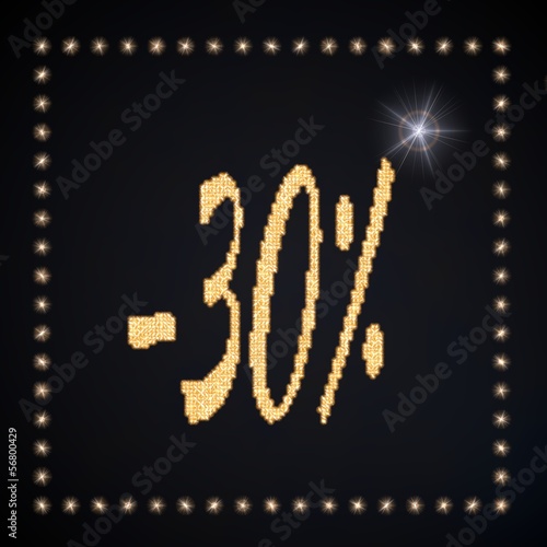 3d graphic of a -30 discount symbol glittering golden