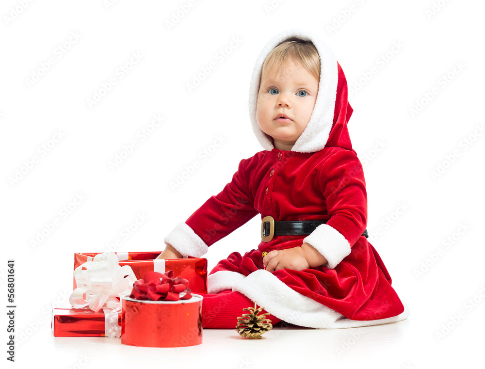 christmas baby girl with gift box isolated on white christmas baby girl with gift box isolated on white