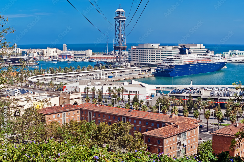 Naklejka premium View of the Barcelona harbor and cableway from Montjuic
