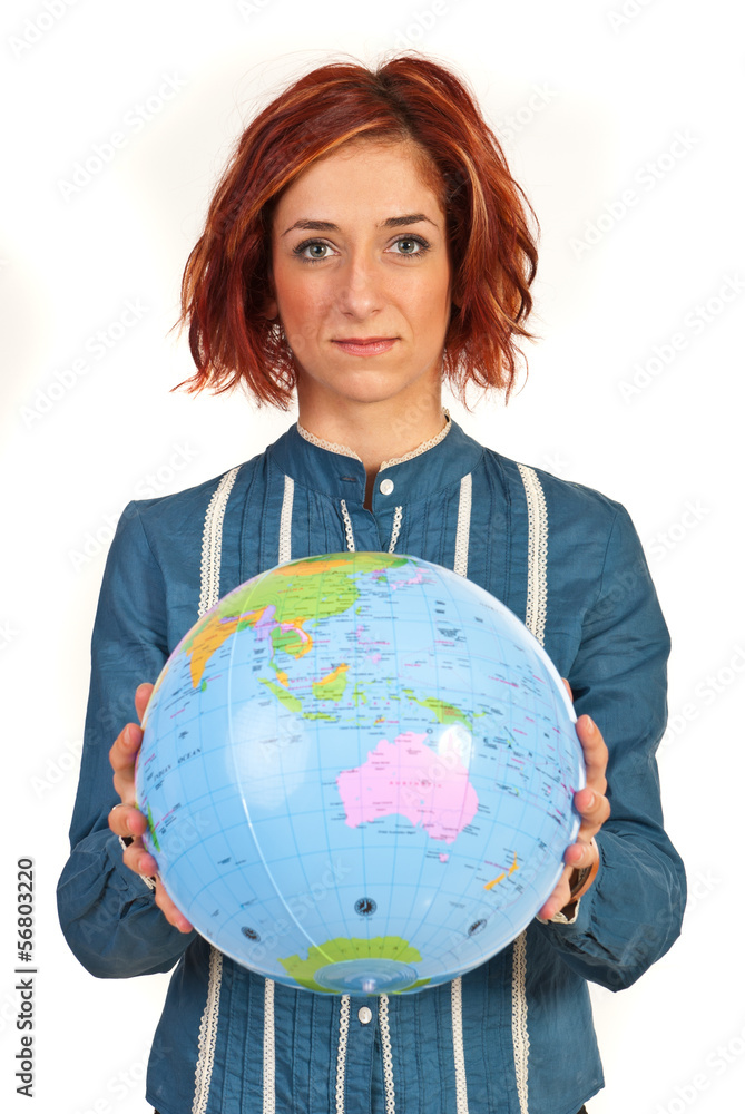 Business woman holding world globe