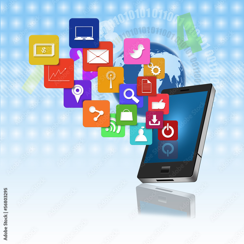 Mobile phone with colorful application icons,on abstract backgro