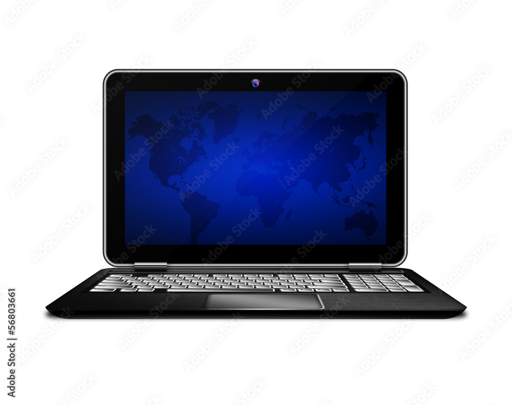 laptop with world ma screen  isolated over white