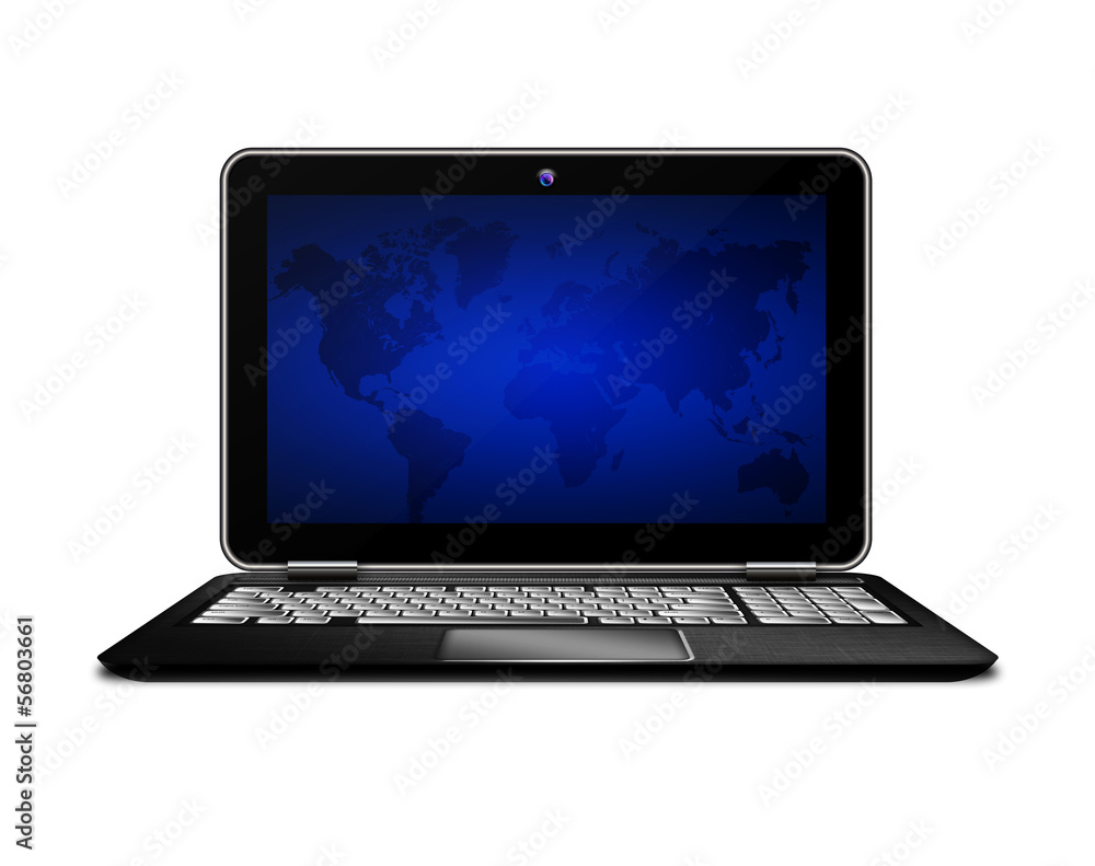 laptop with world ma screen isolated over white laptop with world ma screen isolated over white