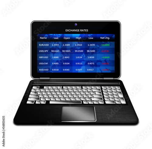 laptop with exchange rates screen isolated over white