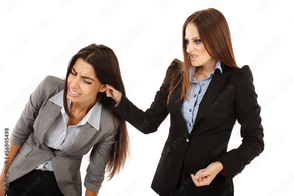 Businesswoman pulling colleague's ear