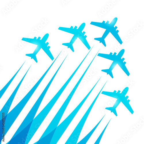Blue airplanes silhouettes on white