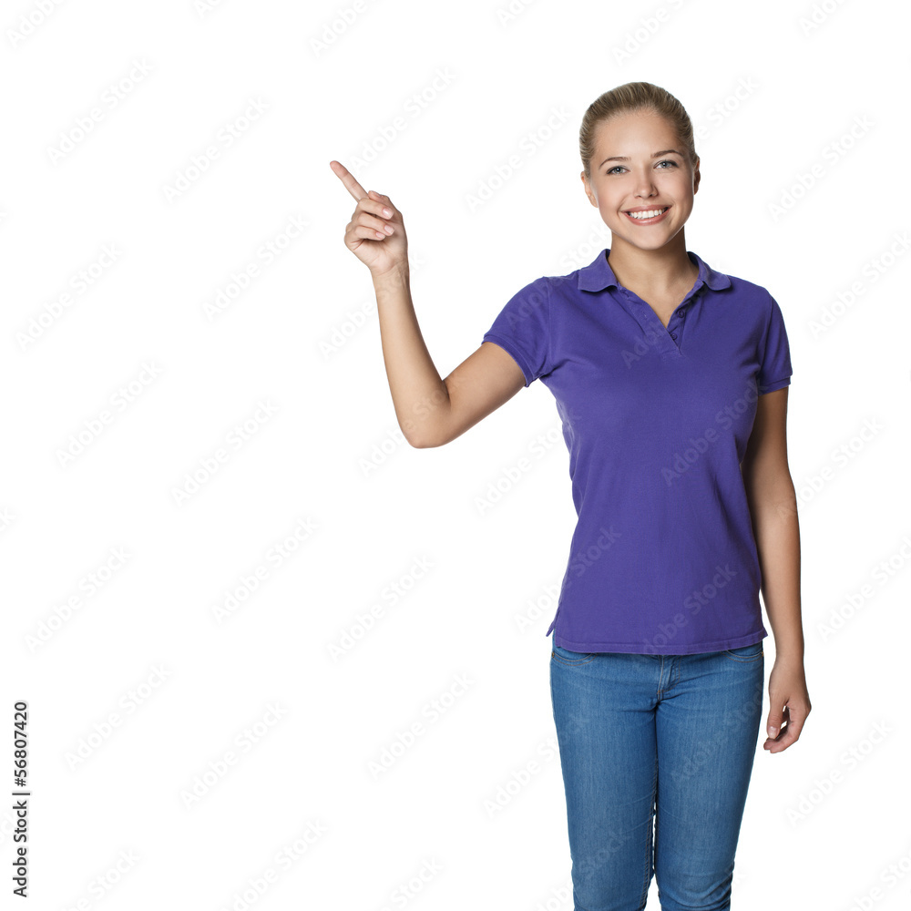 young female, point, smile young female, point, smile