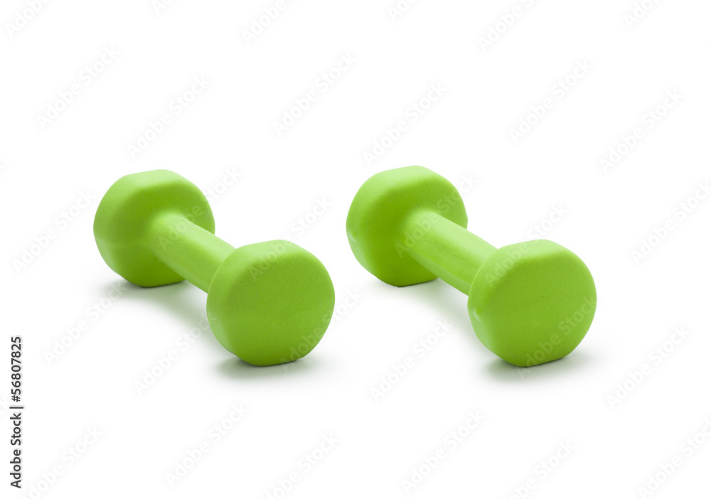small green dumbbells, isolated in white background small green dumbbells, isolated in white background