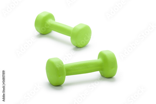 small green dumbbells, isolated in white background