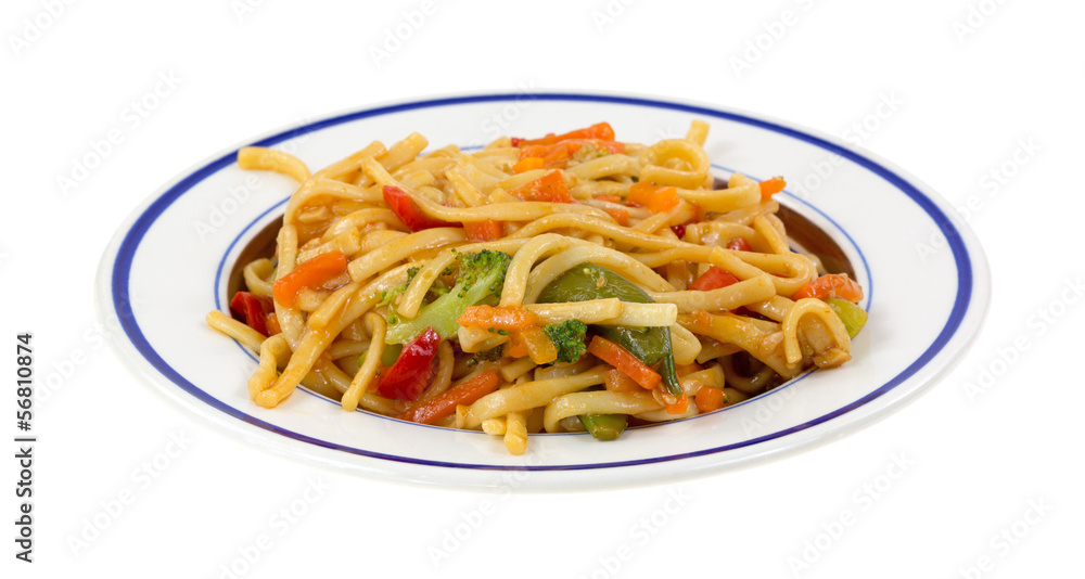 A meal of noodles and vegetables on a small dish A meal of noodles and vegetables on a small dish