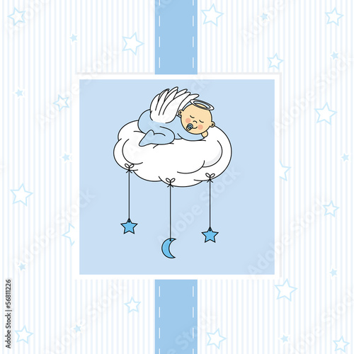 baby boy sleeping on a cloud. Birthday Card