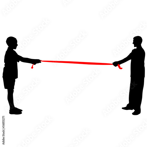 Black silhouettes of people pulling rope. Vector illustration.