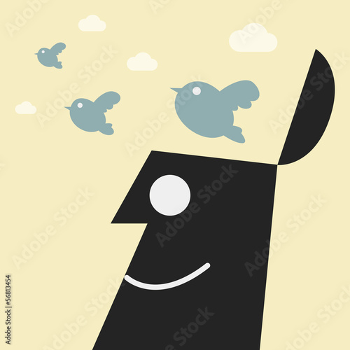 Flying birds out of a head. freedom concept