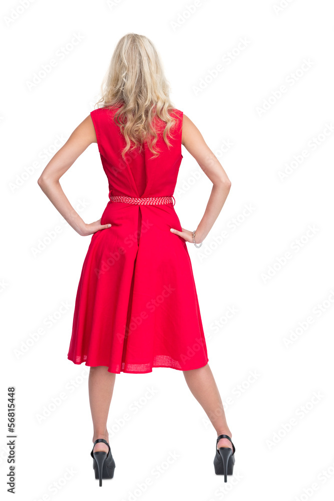 Rear view of gorgeous blonde in red dress posing Rear view of gorgeous blonde in red dress posing