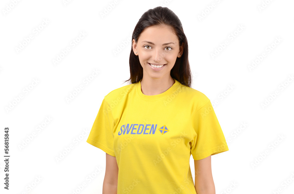 Beautiful Swedish girl with Sweden flag on her t-shirt