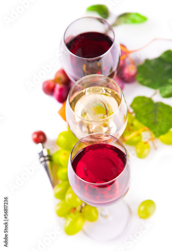 Glasses of white and rose wine and grapes 