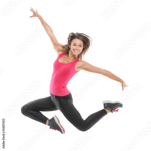 Smiling beautiful woman jumping