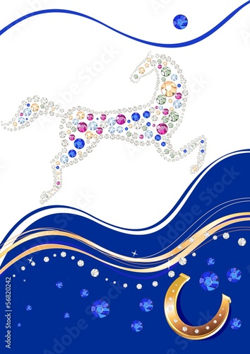 New Year postcard with horse and golden horseshoe