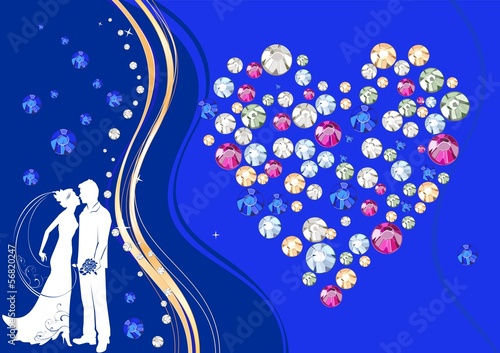 Silhouette of a bride and groom on background with rhinestones