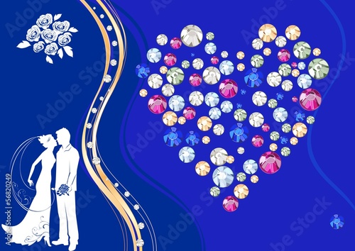 Silhouette of a bride and groom on background with rhinestones