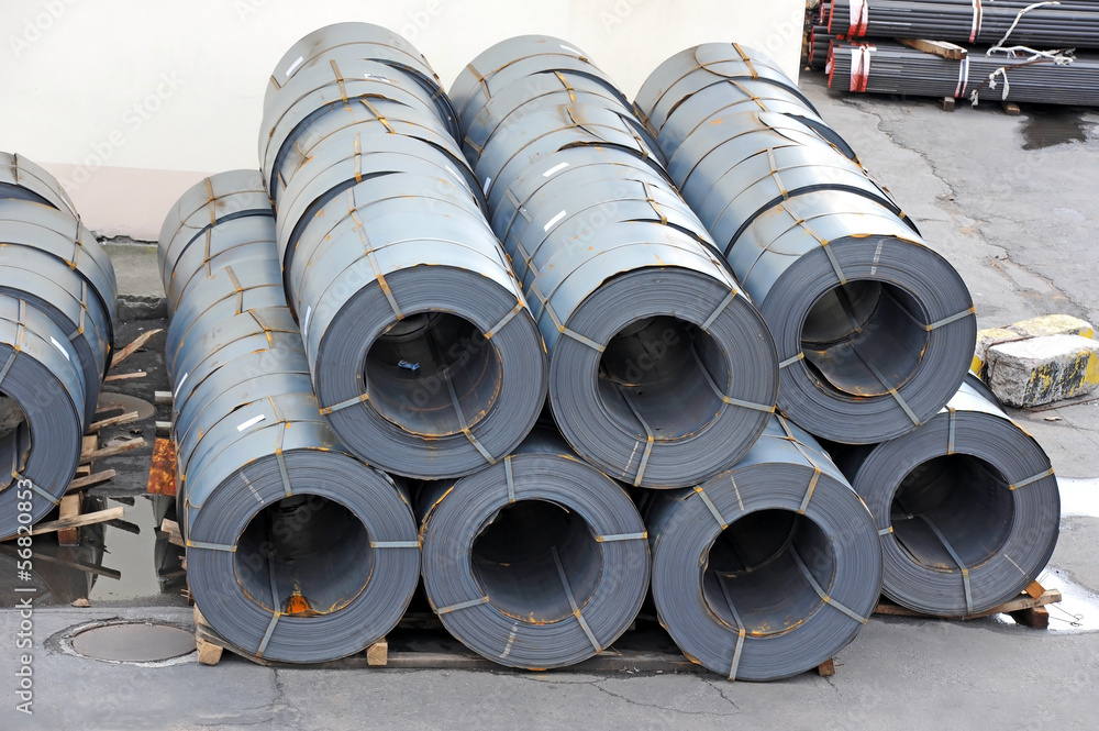 Stacked steel metal-roll, ready for shipment in port Stacked steel metal-roll, ready for shipment in port