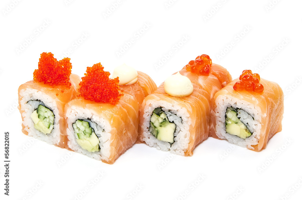 Japanese rolls in a restaurant with fish and vegetables Japanese rolls in a restaurant with fish and vegetables