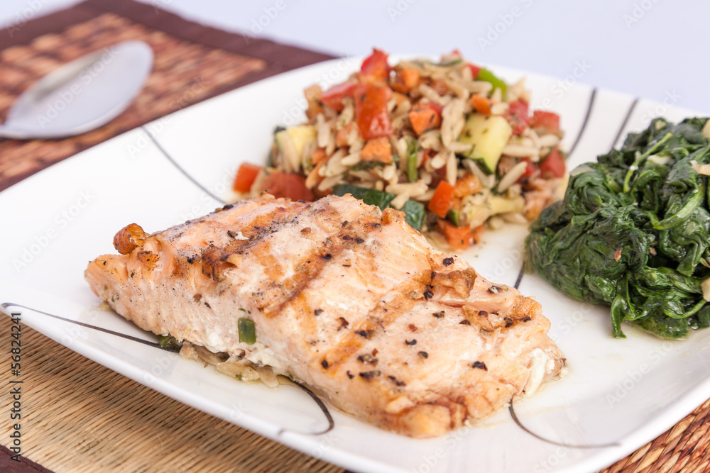 Healty menu - delicious grill Salmon with side dishes