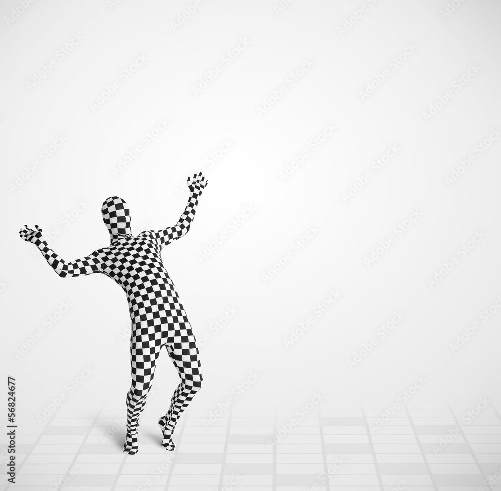 Fototapeta premium Funny guy in morphsuit body suit looking at copy space