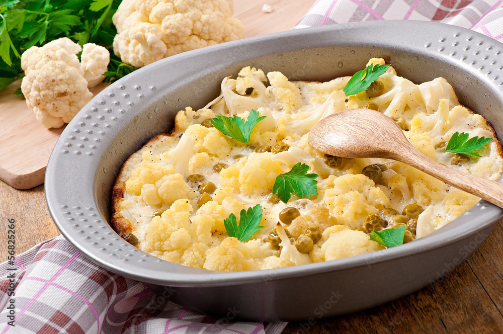 cauliflower baked with egg and cheese with green peas cauliflower baked with egg and cheese with green peas