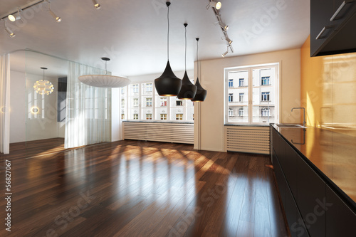 Empty interior residence with hardwood floors in the city photo
