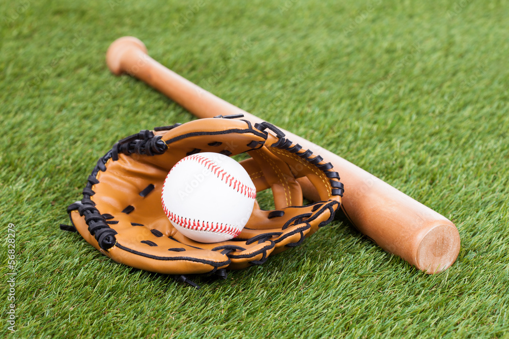 Fotografie Leather Glove With Baseball And Bat