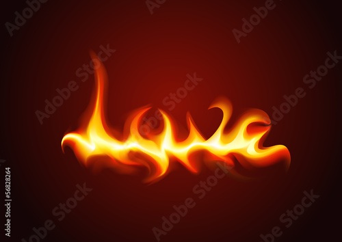 Vector word love of the fire on a dark background