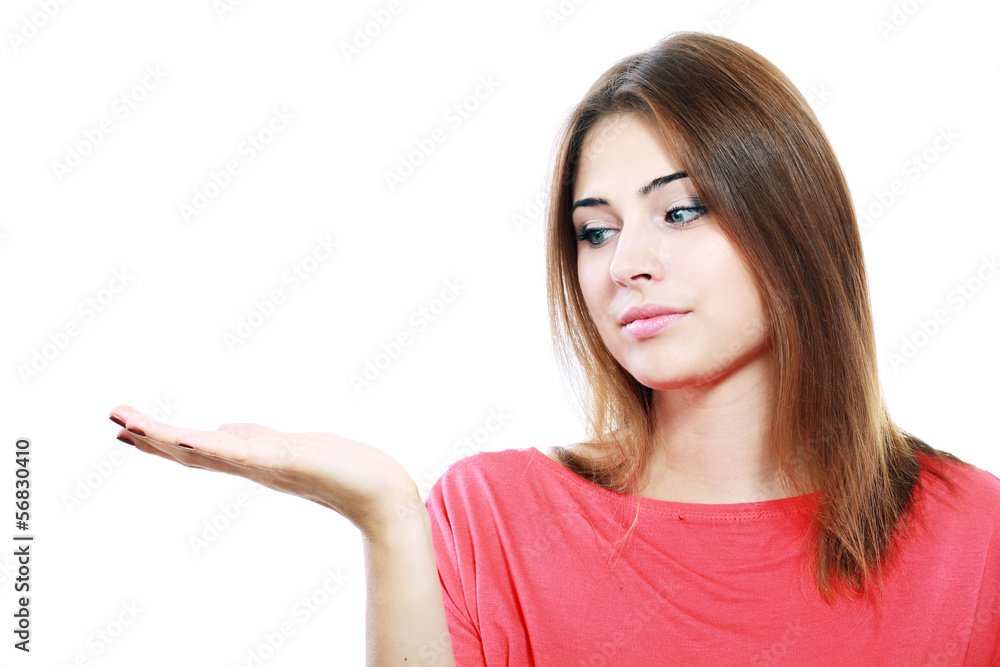 woman showing open hand woman showing open hand