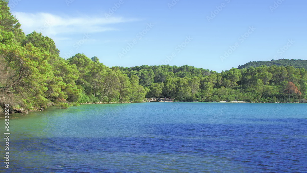 Beach at the small lake surrounded with centuries-old pine trees Beach at the small lake surrounded with centuries-old pine trees