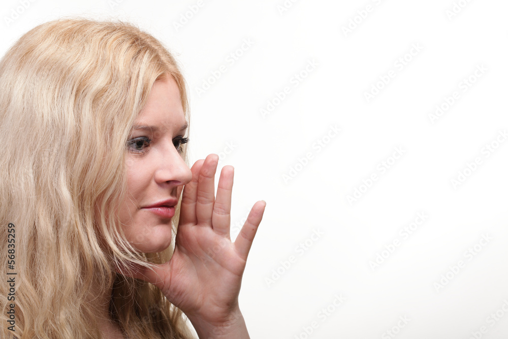 beautiful girl talking speaking out hands mouth white background beautiful girl talking speaking out hands mouth white background