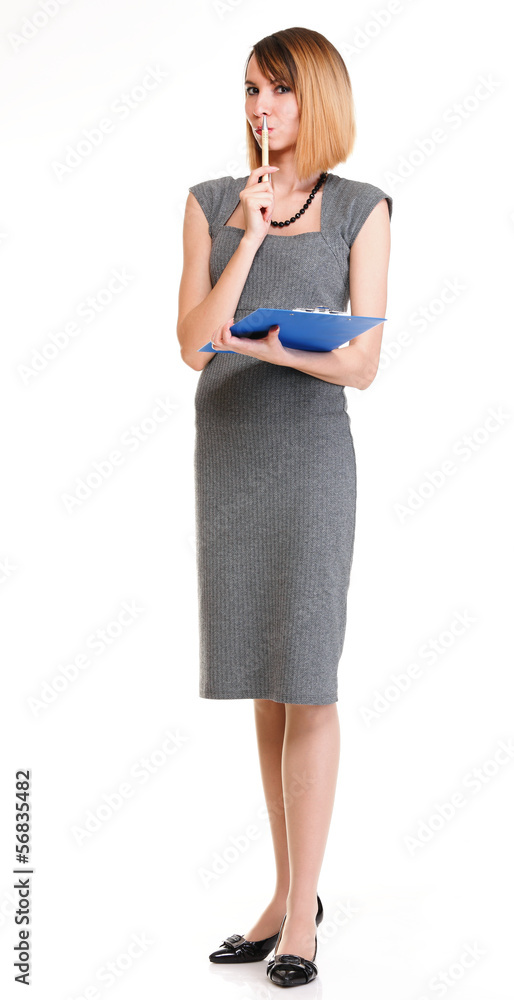 Full length young business woman standing with her clipboard iso Full length young business woman standing with her clipboard iso