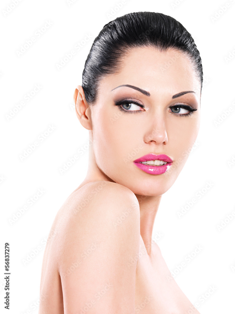 Fototapeta premium Beautiful face of caucasian woman with pink lips