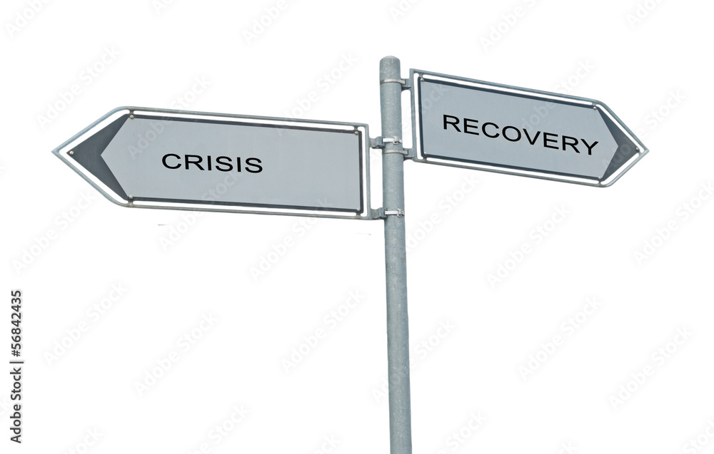 Road sign to recovery and recession Road sign to recovery and recession
