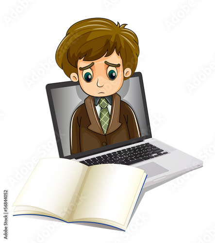 A sad businessman inside a laptop staring at the empty notebook