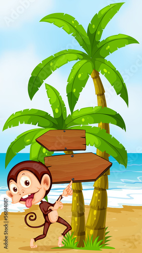 A beach with a playful monkey near the palm trees