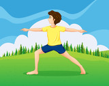 A boy with a yellow t-shirt doing yoga near the pine trees