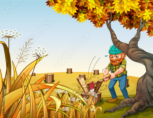 A hilltop with a woodman chopping woods