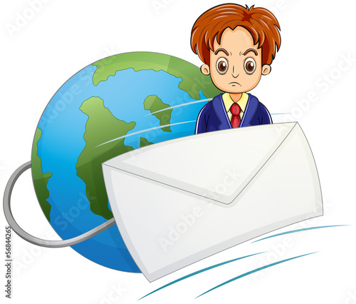 A globe at the back of a strict businessman