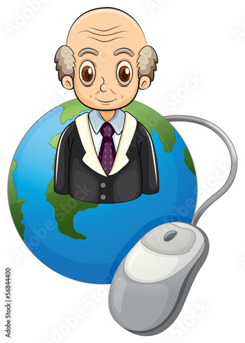 A globe with a bald old man and a computer mouse