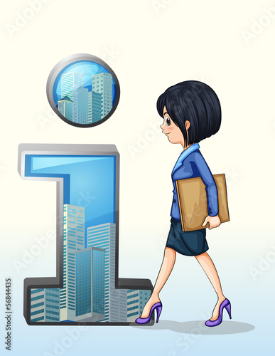 A lady walking towards the number one symbol
